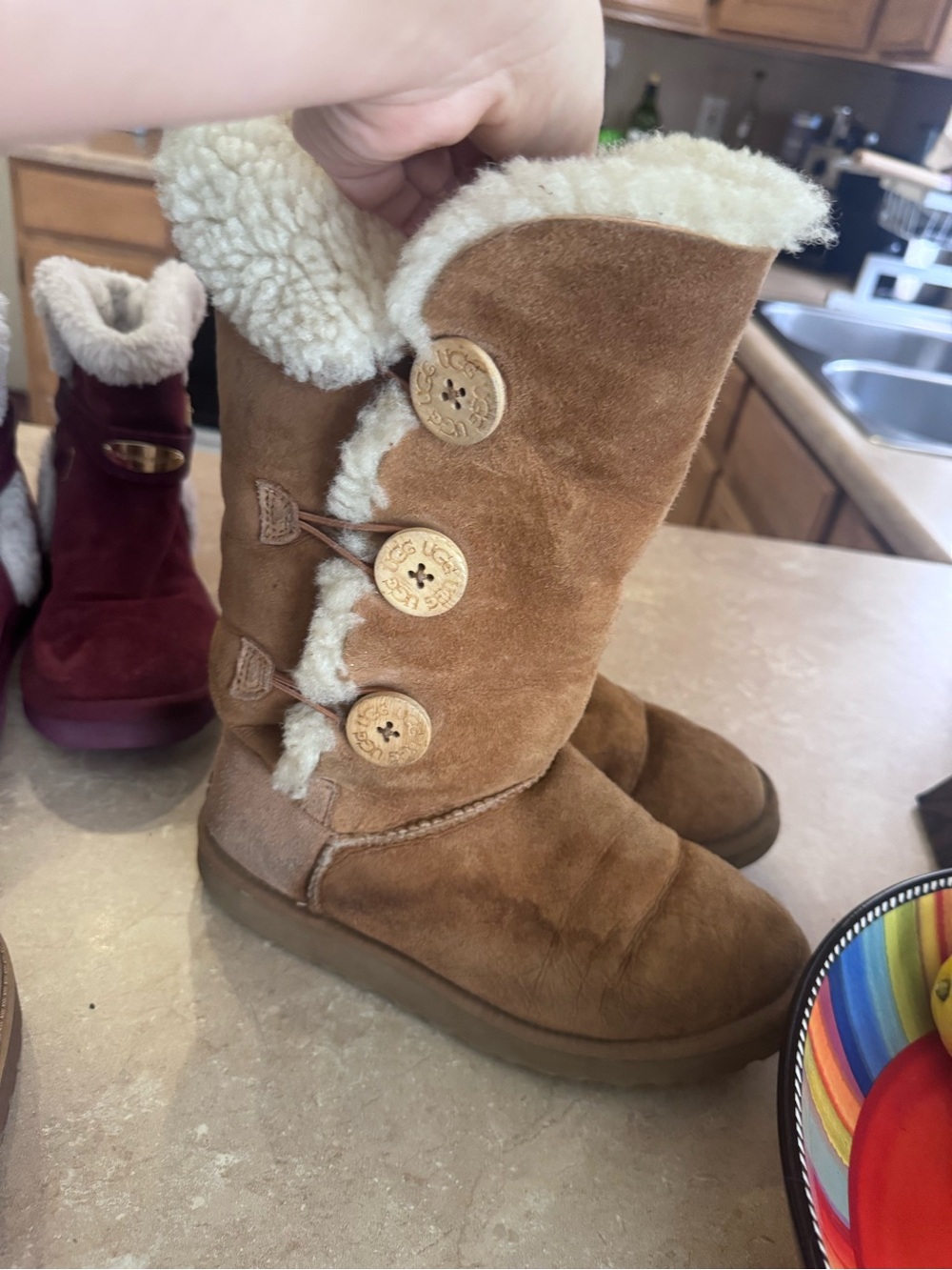 Uggs Shearling-Trim Button Suede Boots - Tan